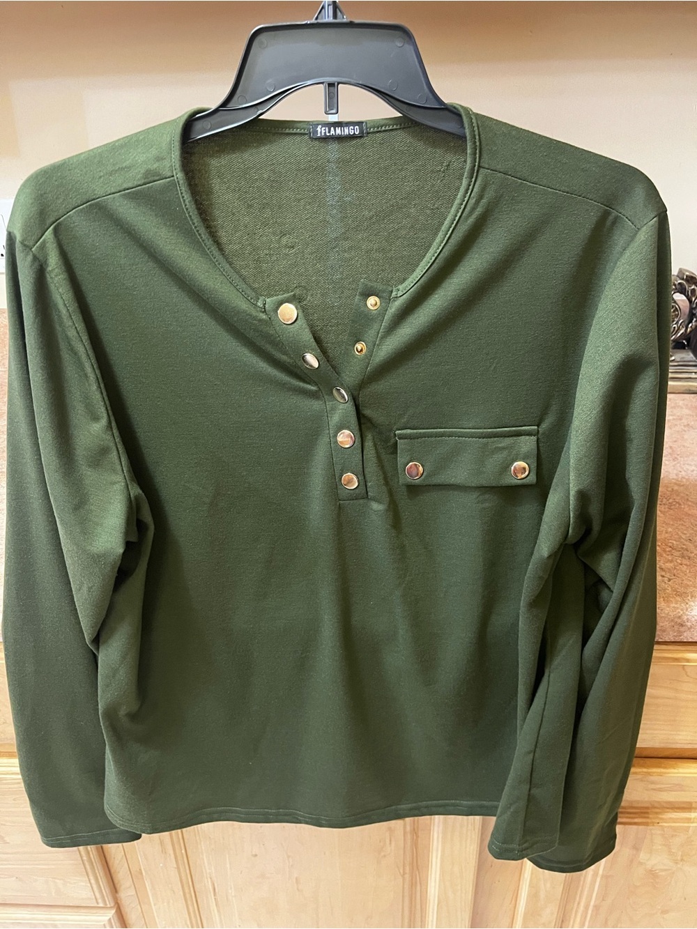 Flamingo Olive Green Long Sleeve Snap Henley Top